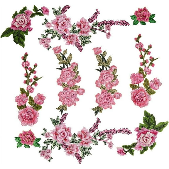 10Pcs 5 Styles Pink Flower Embroidered Patches Vintage Rose Sew on Patch Assorted Floral Embroidery Repair Badge Appliques Bulk