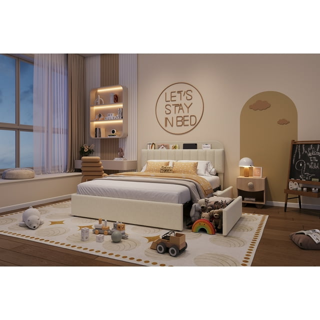 EDTara Kids Platform Bed with Soft Bouclé Upholstery, Bookcase Headboard, and 2 Under-Bed Storage Drawers, Easy Assembly, No Box Spring Needed