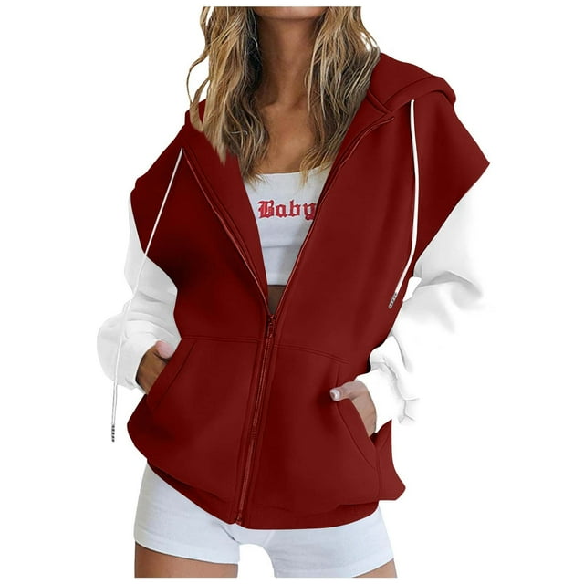 Chandails à Capuche Zippés pour Femmes, Décontractés, à Blocs de Couleur, Manches Longues, Manteau à Capuche Automne Hiver, Tendance, Confortable, Veste Quotidienne avec Poches, Bourgogne, TG