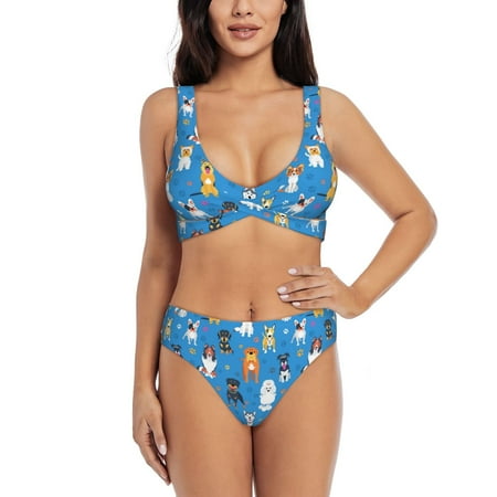 Zeuib Cute Dogs High Waisted Tummy Control Bikini Set - Knot Front Push Up Top & Cheeky Thong Bottom  Two-Piece Swimsuit for Women-X-Large