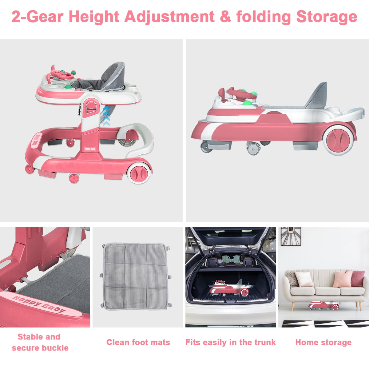 GIATUEE Foldable Baby Walker with Wheels, Infant Walker for Babies Boys Girls, Adjustable(Pink)