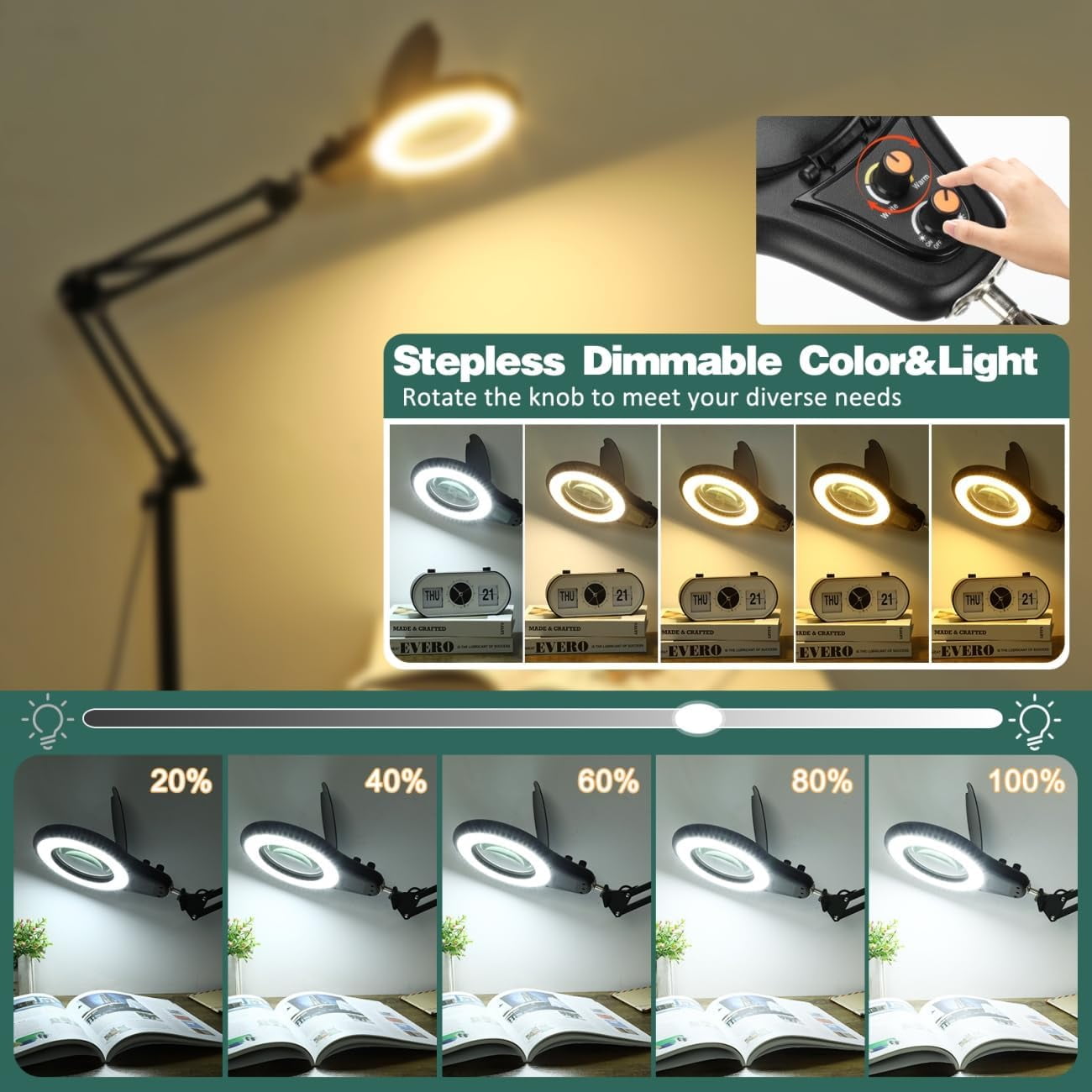 LED Magnifying Glass with Light and Stand, 5 Color Dimmable Switch Knob, 3-in-1 Adjustable Swing Arm Floor Lamp ,Hands-Free Lighted Magnifier for Reading Close Work