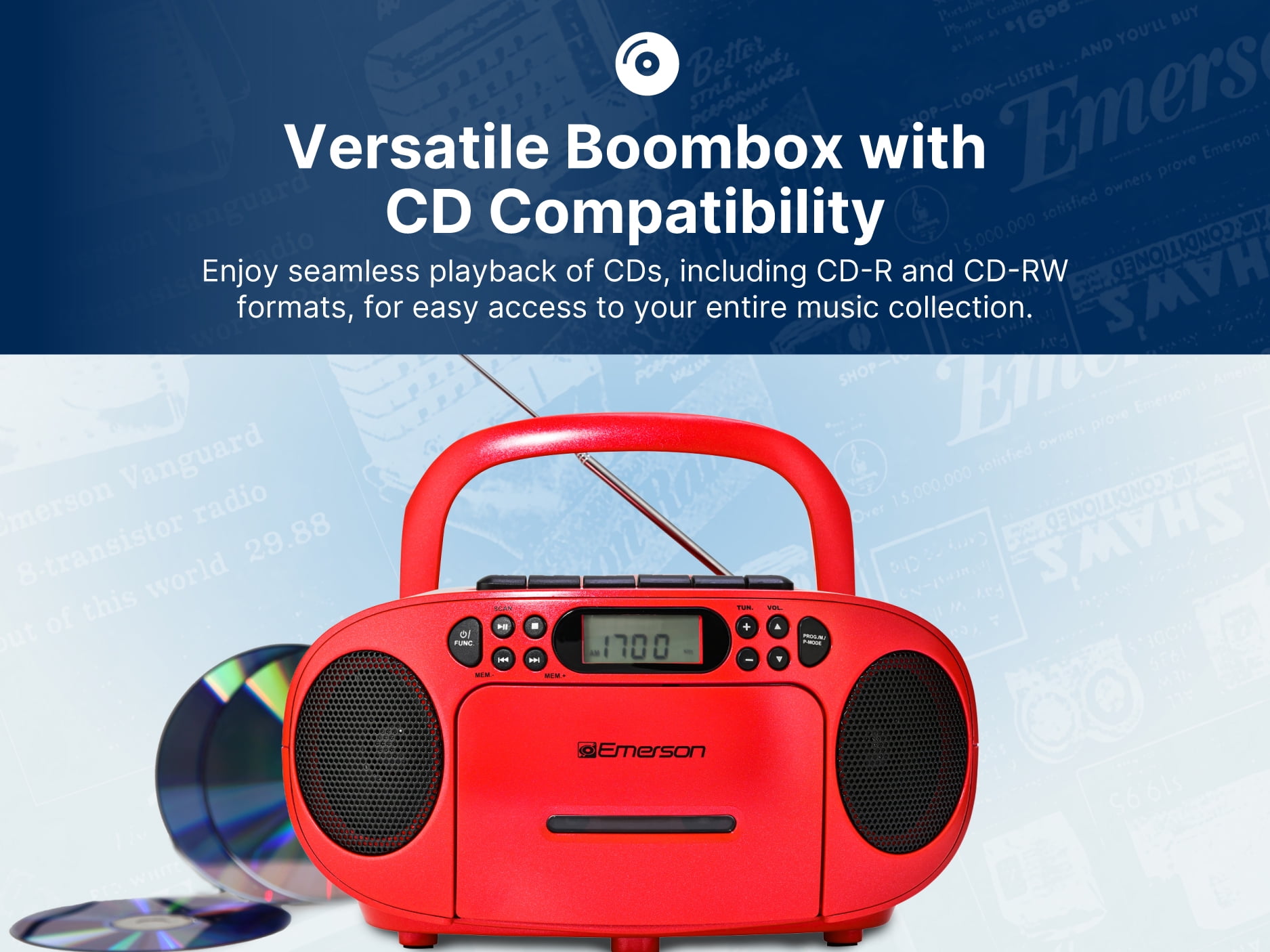 Emerson EPB-3003 Portable CD/Cassette Boombox with AM/FM Radio, Black