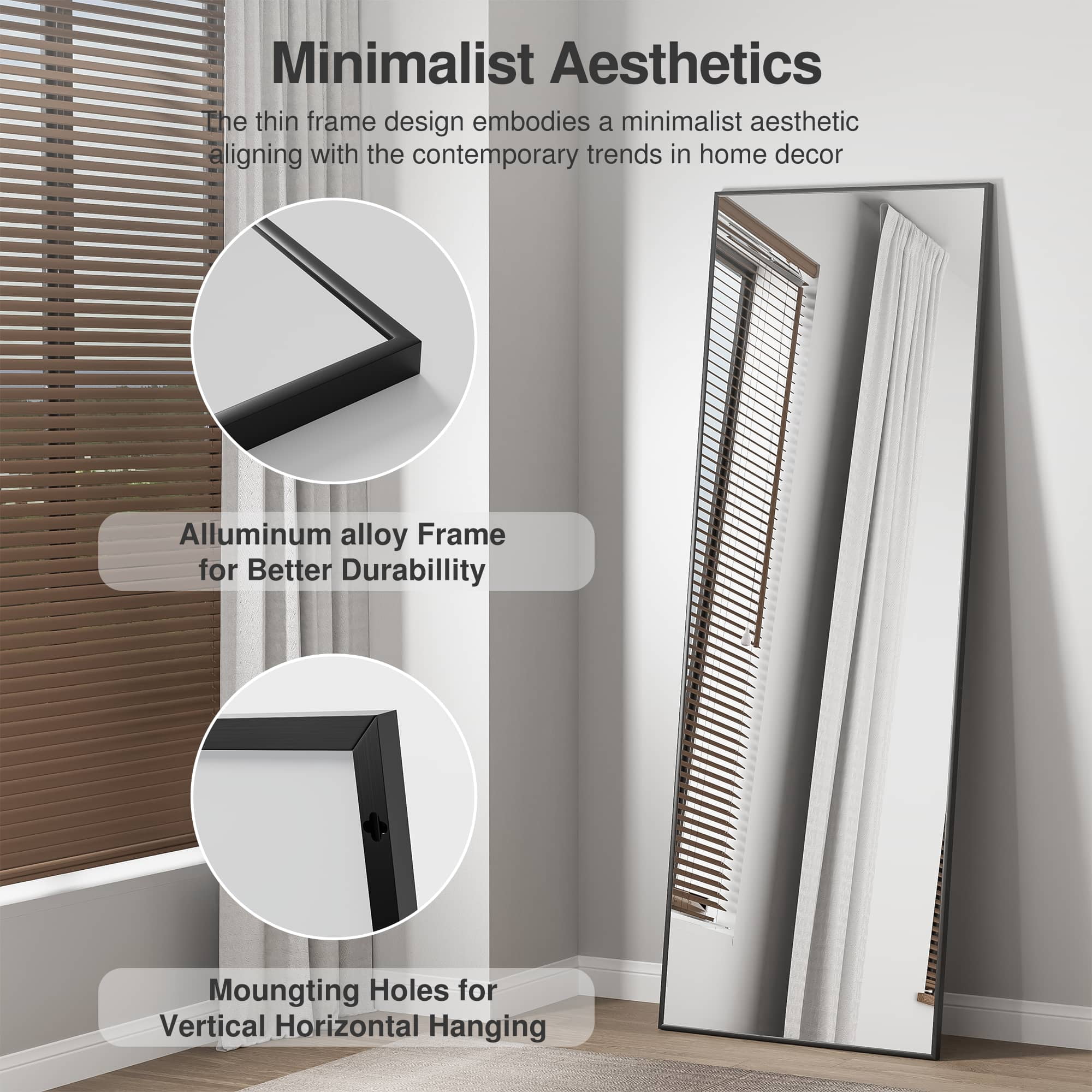 71"x 24" Aluminum Alloy Fine Edged Rectangular Full-Length Mirror with Bracket, Black