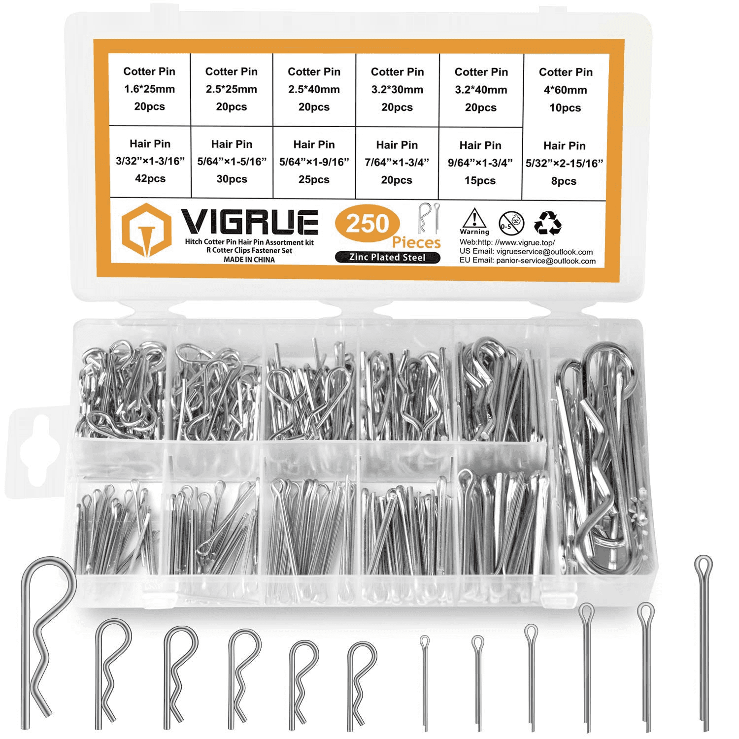 VIGRUE 250PCS Cotter Pin Hairpin Assortment Kit Zinc Plated Steel Hitch Pin  Hair Pins R Clips Fastener Set Multiple Sizes 