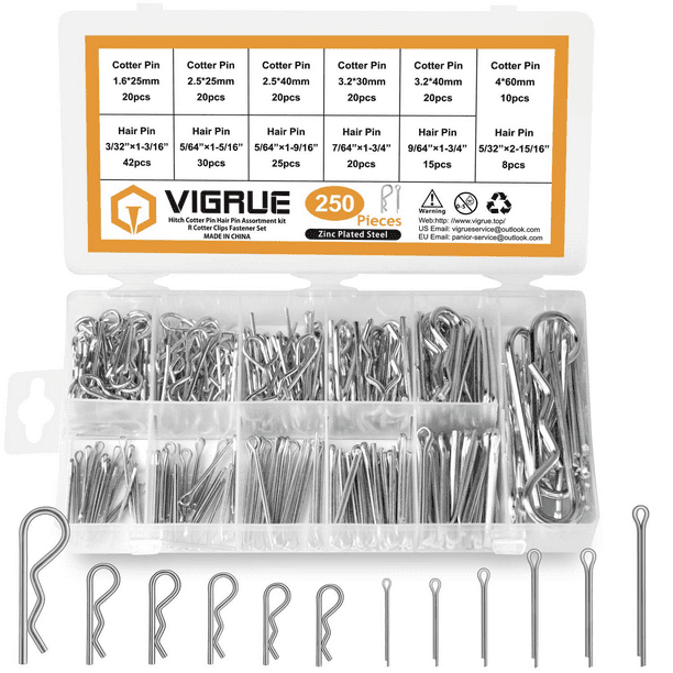 VIGRUE 250PCS Cotter Pin Hairpin Assortment Kit Zinc Plated Steel Hitch