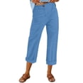 thumbnail image 2 of Linen Pants Women Elastic Waist Cropped Button Summer Lounge Pants Straight Leg Ankle Length Cotton Linen Slacks Royal Blue M, 2 of 7