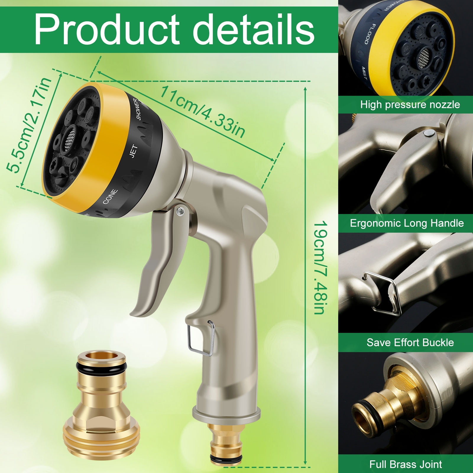CIVG Garden Hose Spray Nozzle Heavy Duty Metal Water Hose Pipe Sprayer with 8 Adjustable Patterns High Pressure Water Hose Spray Head for Plant Watering Car and Pet Washing