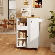 Asofer Kitchen Island Cart on Wheels, Small Coffee Cart with Storage and Drawer, White