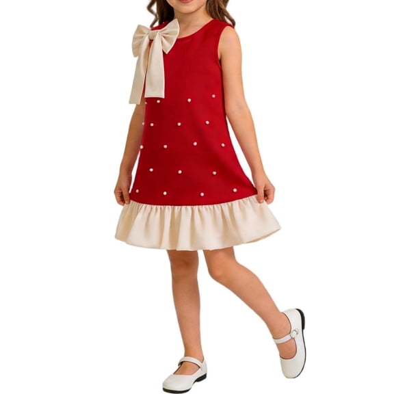 DAETIROS Girls Christmas Dress with Bow and Pearls Sleeveless Soft Stretchy Comfortable Red Flower Girl Wedding Party Gown,Size 6-7 T