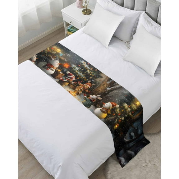 Christmas Bed Runner for King Size Bed, Winter Snowflake Animals Xmas Tree Bedspread Protector Slipcover Bed Scarf for Foot Bed Runners & Scarves for Bedroom Hotel Wedding Room 102x20 Inches