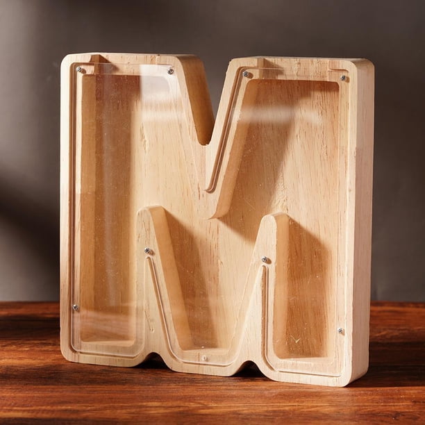 Letter Shaped Piggy Bank Personalized Transparent Window Burly Wood 
