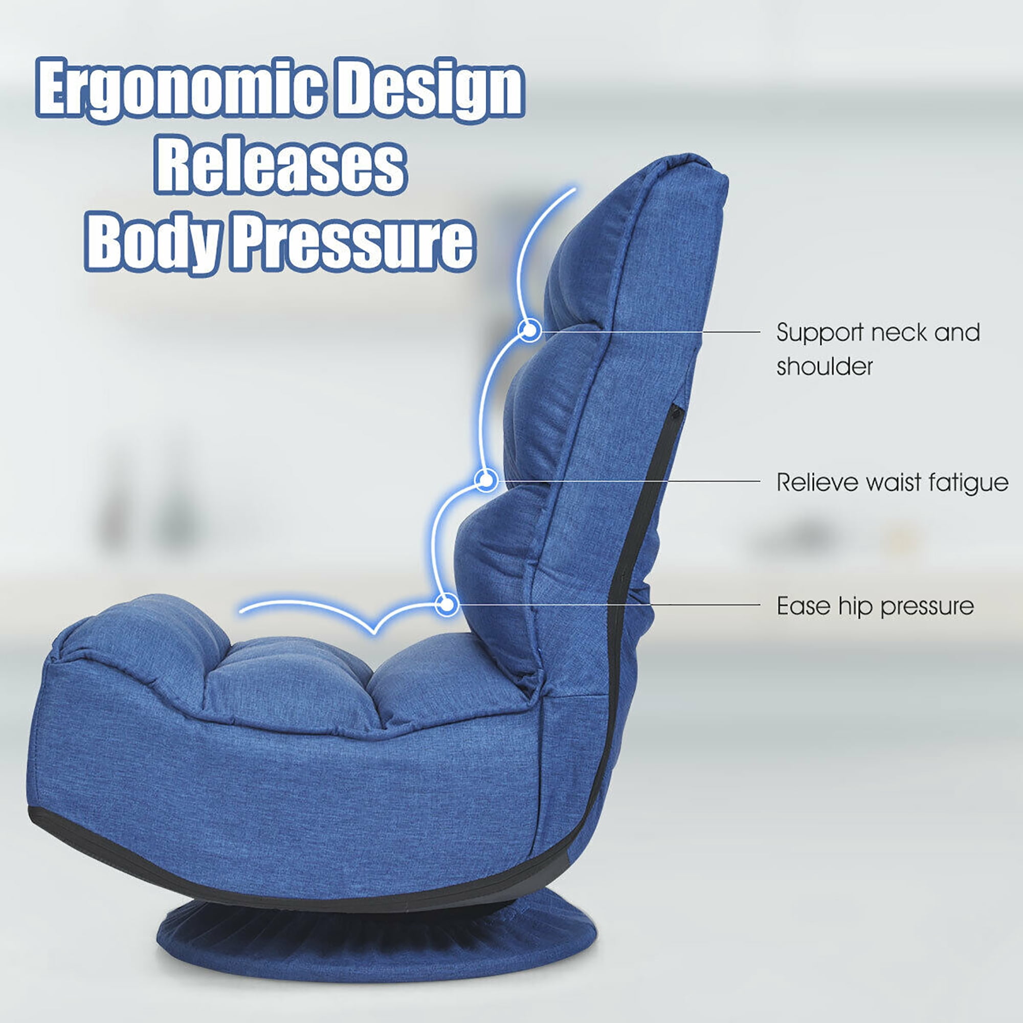 Costway Gaming Chair Fabric 6-Position Folding Lazy Sofa 360 Degree Swivel Grey\ Black\ Coffee High Back-Blue