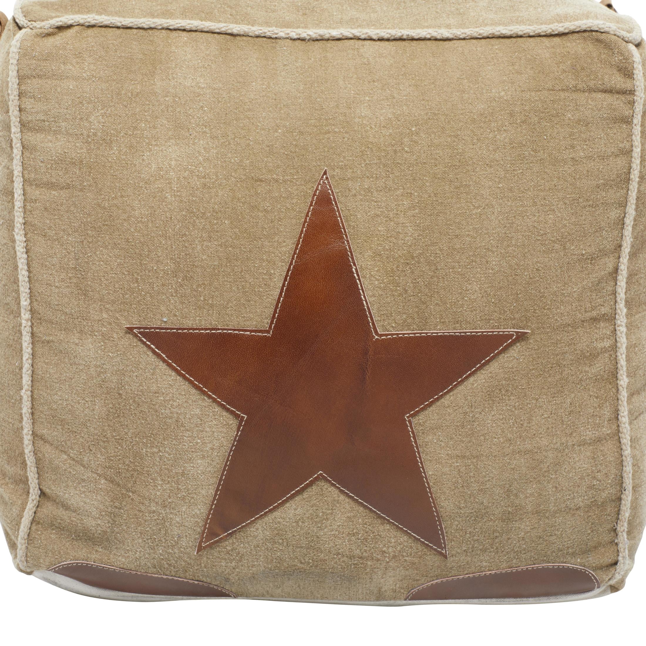 DecMode Rustic and Organic Square Ottoman Fabric Pouf features Tan Canvas and Brown Leather Handles with a Star Design, 20"W x 19"H