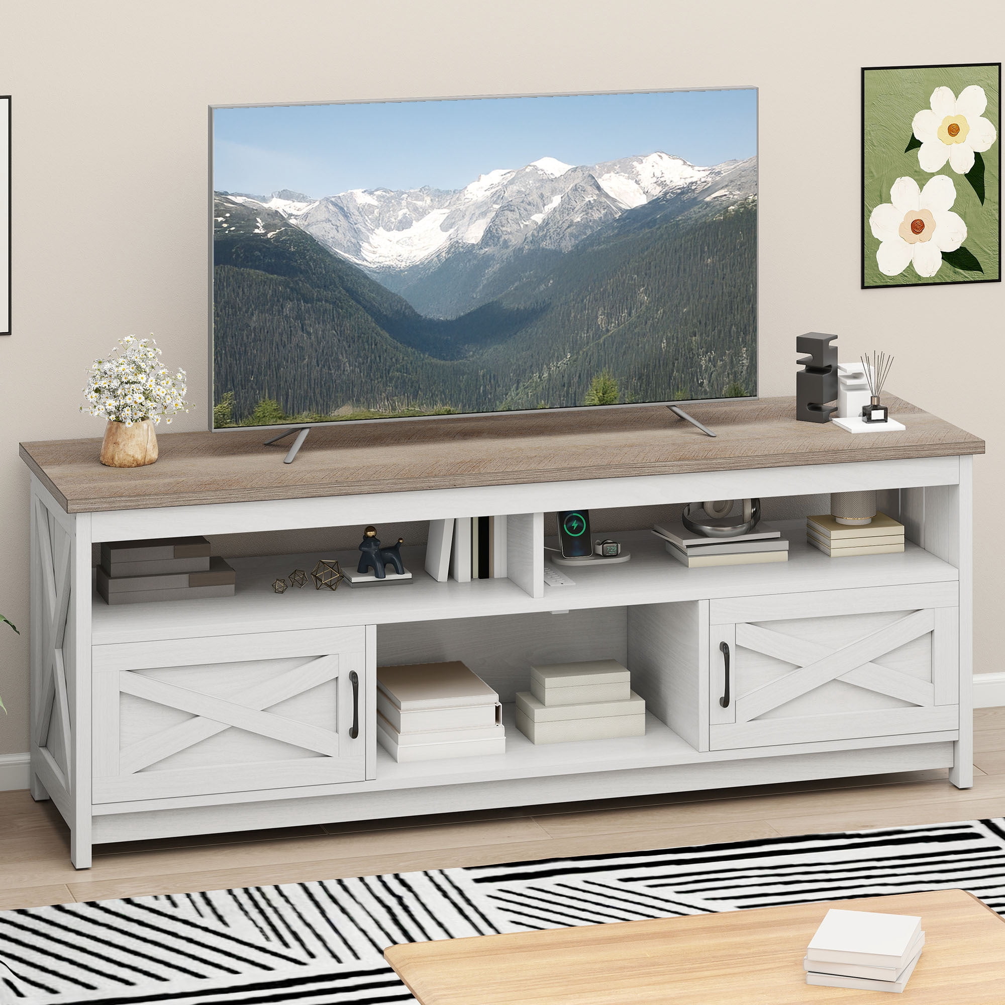 Uforic 65 Inch Farmhouse TV Stand Fits 70/75 Inch Flat Screen TV with RGB Ambient Light, Cable Holes, Built-in Power Station & Multi Storage Space for Living Room, Beige+White