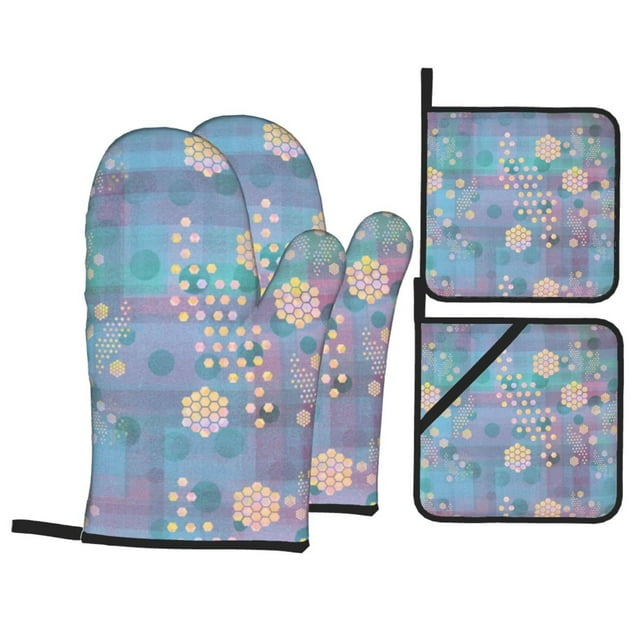 YFYANG Sets Mitaines et Porte-Pots 4 Pièces, Résistant à la Chaleur Dreamy Vintage Snowflake Kitchen pour la Cuisson et la Cuisson
