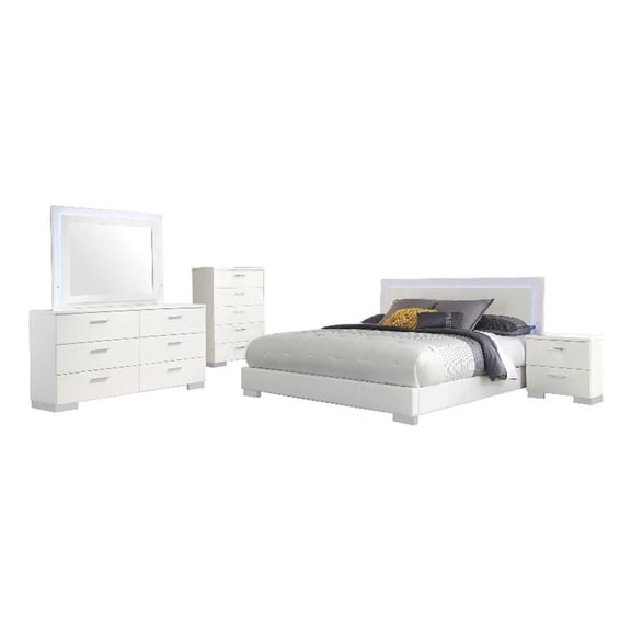 Sok 5pc Queen Bedroom Set- Faux Leather- Blue LED Lights- White Wood