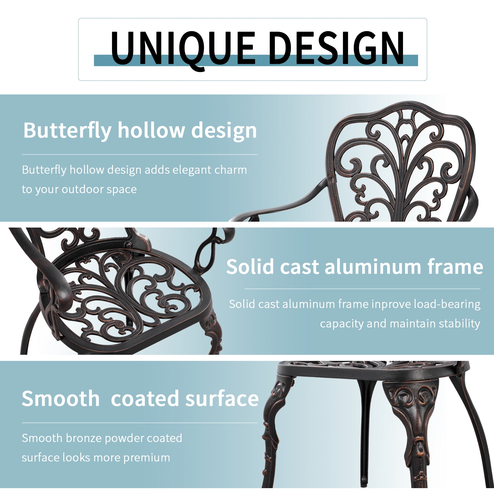 Withniture 3-Piece Bistro Table and Chairs Set of 2 Outdoor Furniture Patio Bistro Set, Bronze