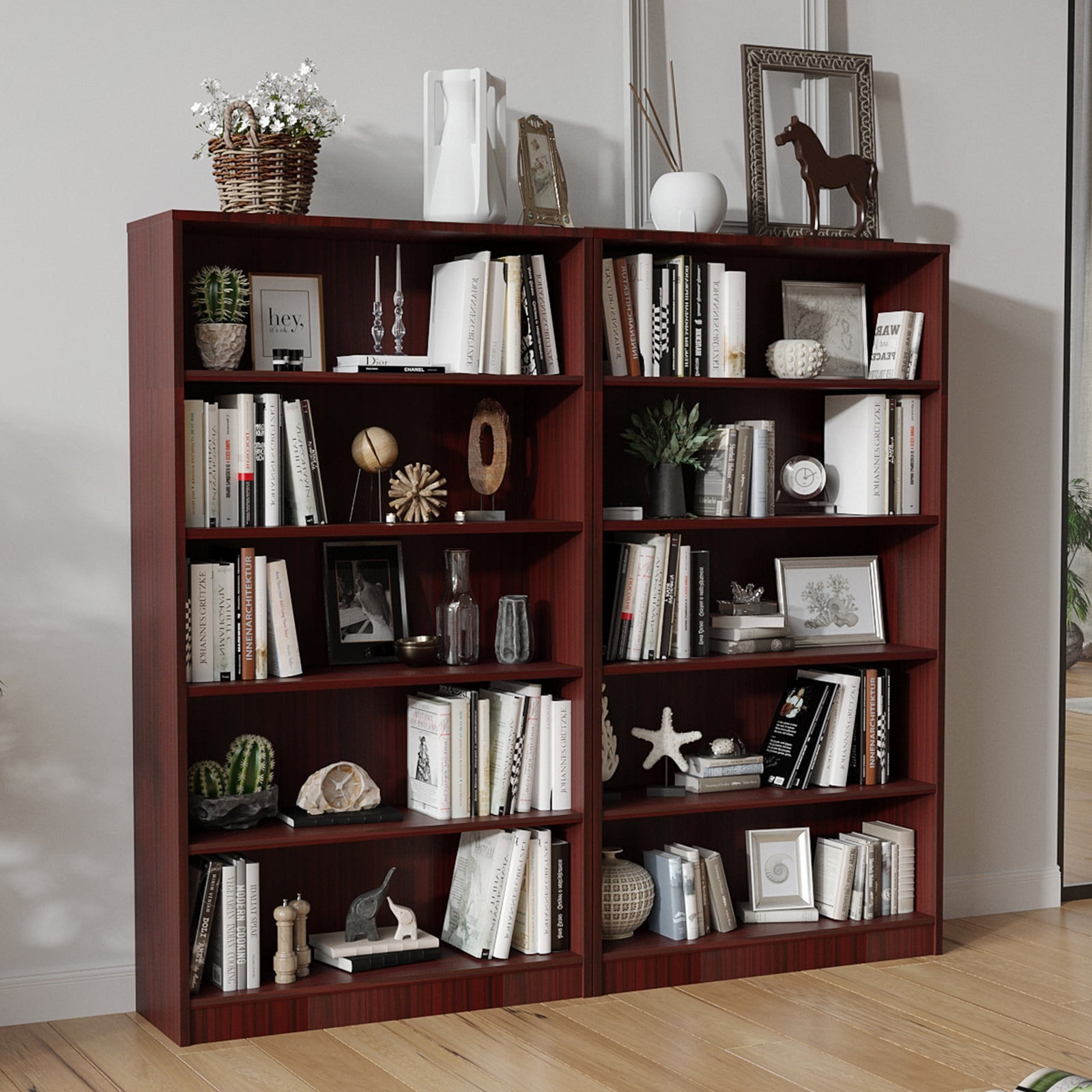 Farini 5 Tiers Bookcase, Wooden Bookcase with Adjustable Shelves for Home, Office, Mahogany