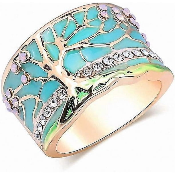 Flower Tree Rings Gold Pink Opal Green Enamel Wide Ring for Woman Party Crystal Vintage Jewelry