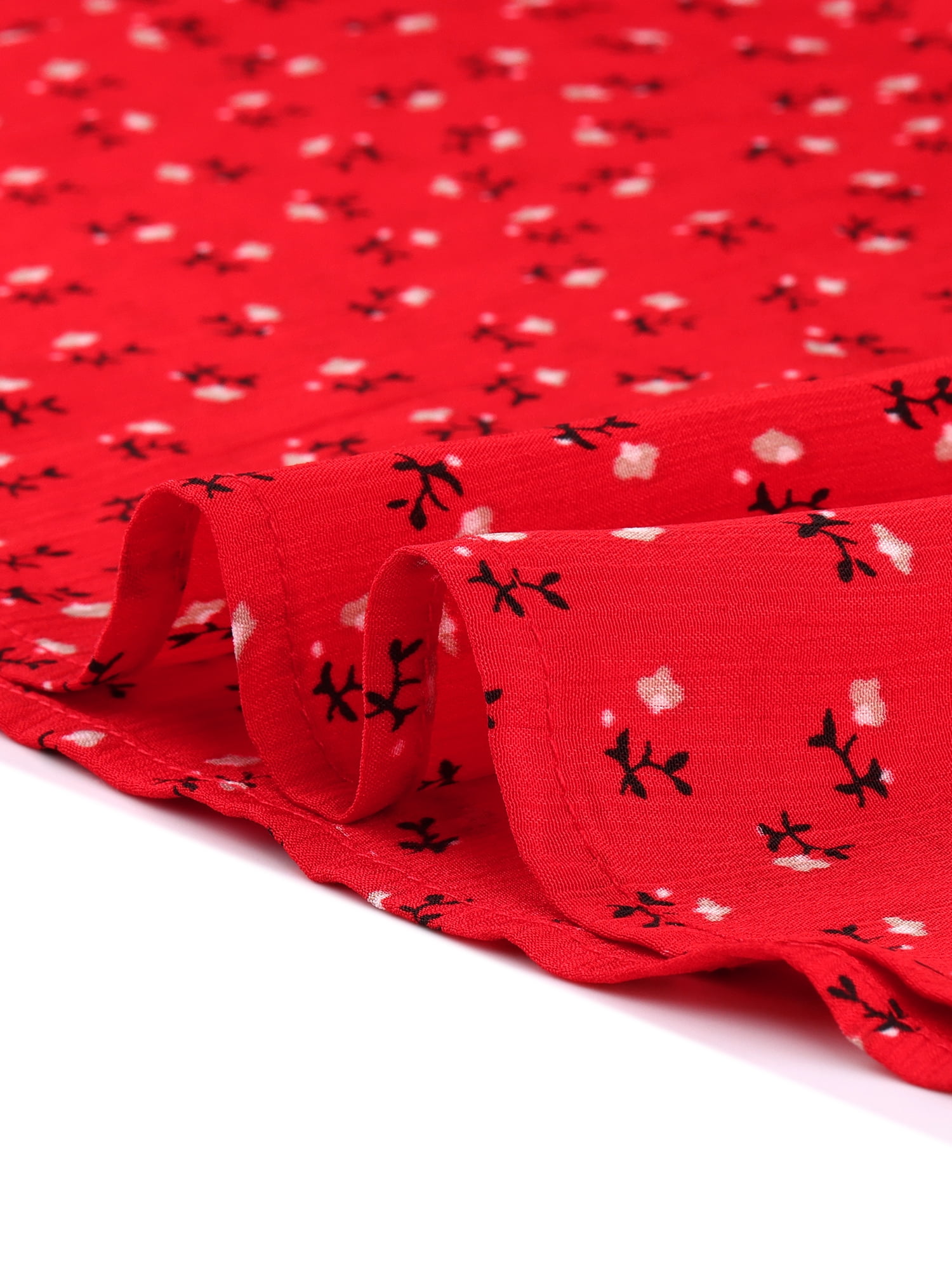 DARING DIVA Peter Pan Collar Tie Neck Elegant Floral Dress with Belt S Red