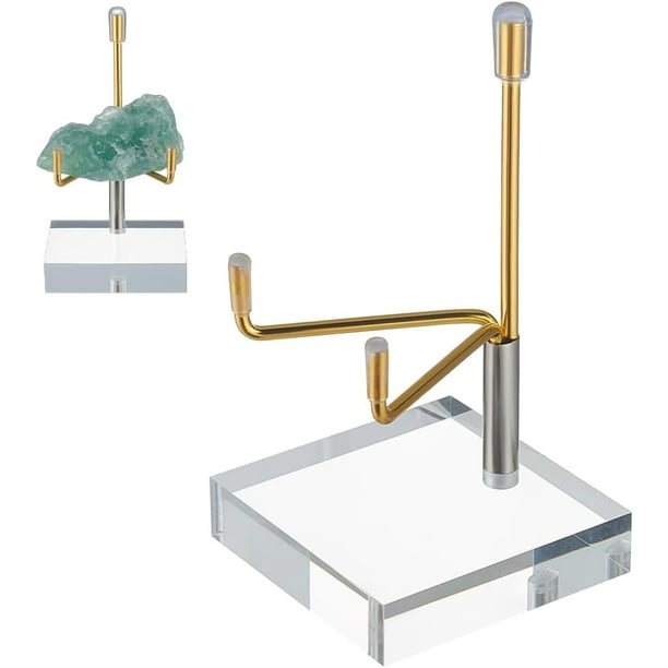 Soporte de exhibición de rocas con brazos metálicos ajustables, base acrílica y caballete pequeño dorado (1 unidad).