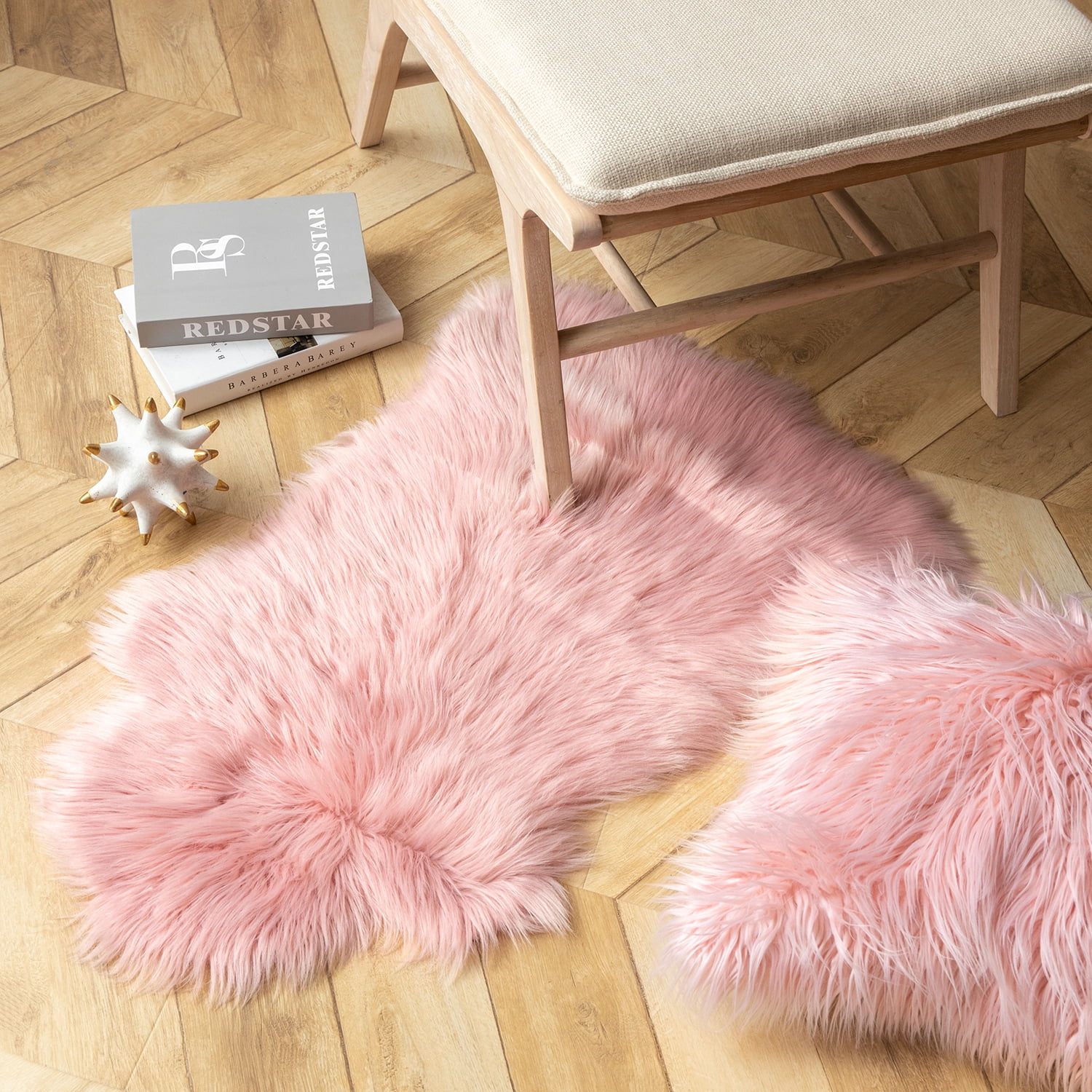 Phantoscope Designer's Choice Faux Fur Decorative Throw Pillow + Area Rug Bundle, 18" x 18"/ 2' x 3', Pink, 1 Pillow + 1 Rug