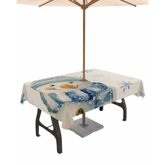 Boanket Outdoor Tablecloth with Umbrella Hole for Patio/Picnic/Party/Camping, Blue Snowman Christmas Waterproof Table Cloth Rectangle Table Cover Washable, Xmas Snowflake Rustic (60"x 84")