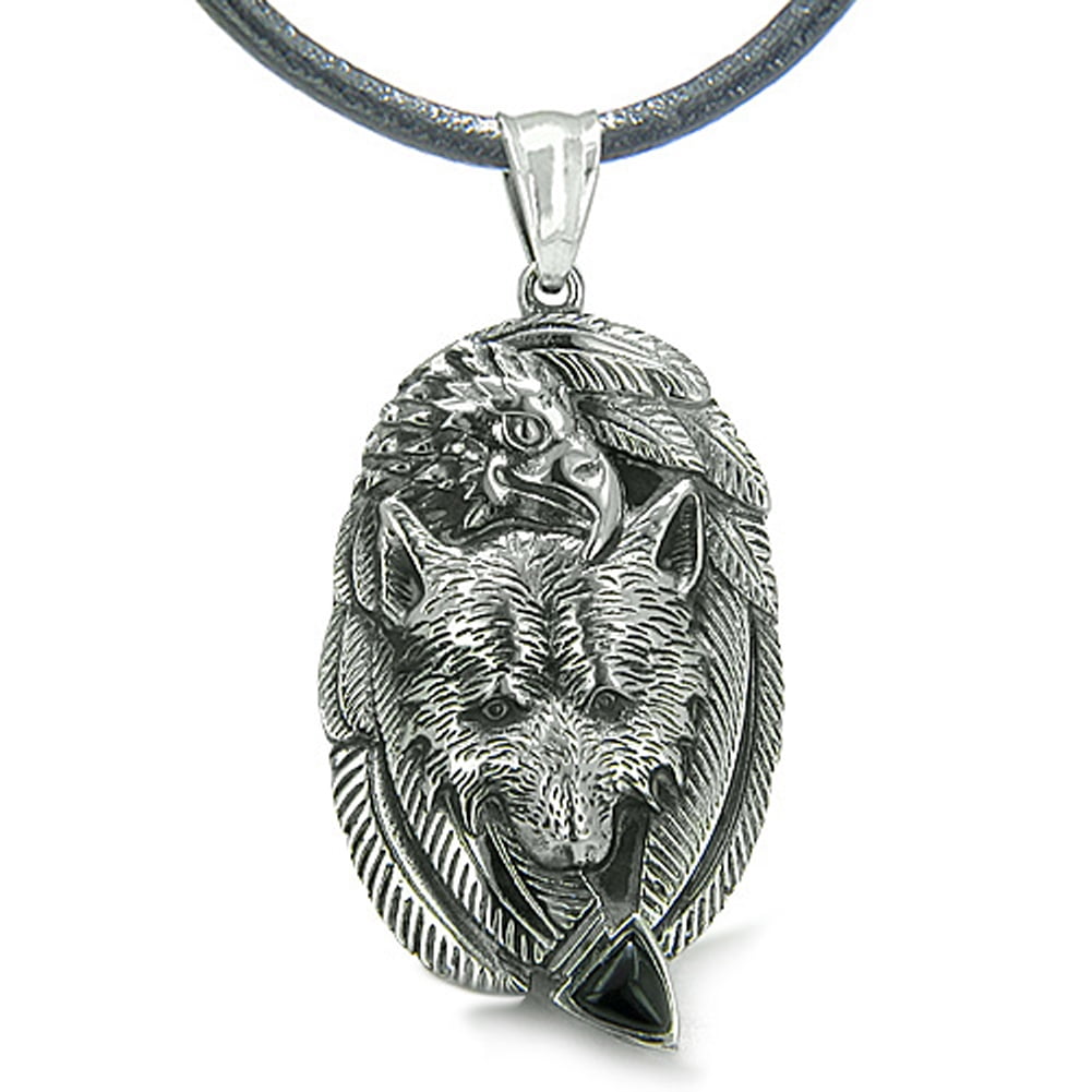 Wolves Pendant Wolf Necklace 925 Sterling Silver Arrowhead engraved Wolf 