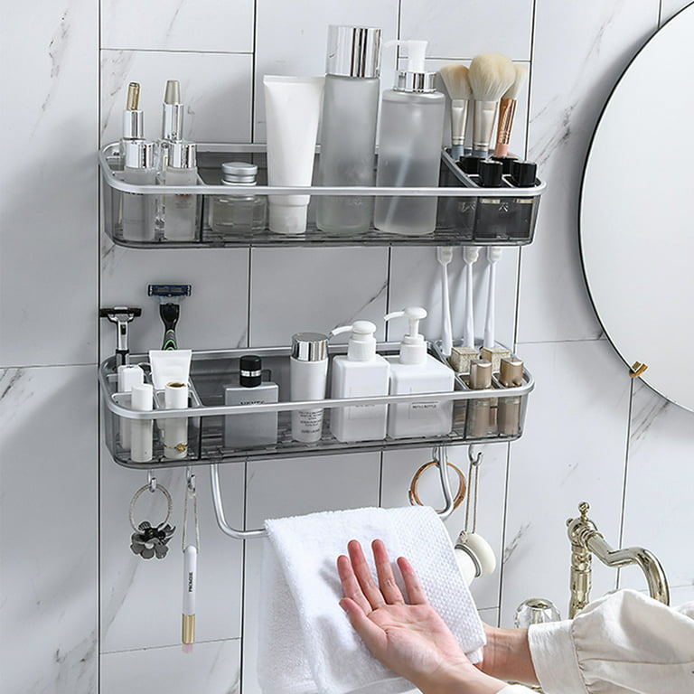 Hands DIY Shower Caddy Wall-Mounted Shower Shelf Multifunctional Waterproof Shower Organizer with Towel Bar Hooks No Drilling Shower Storage Rack