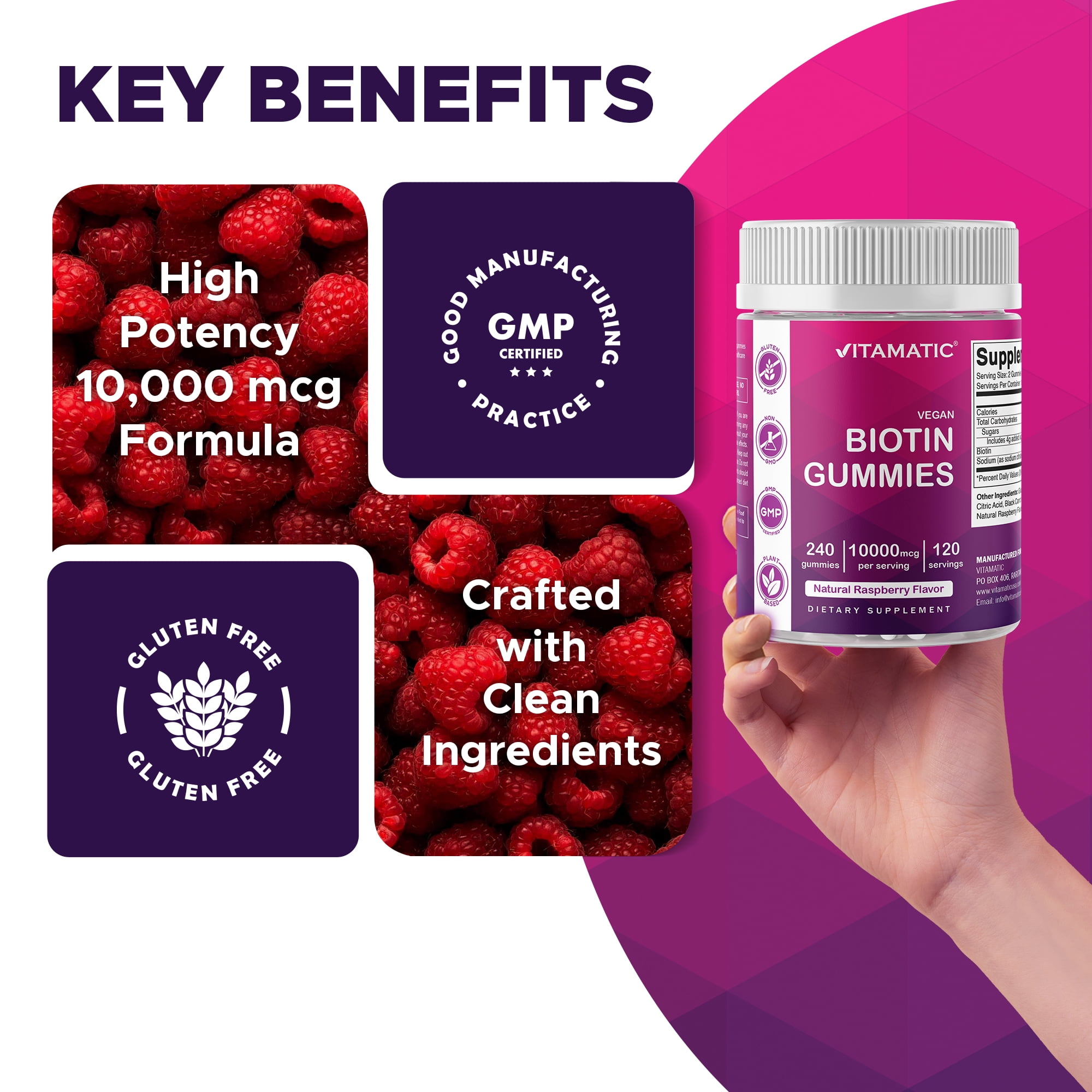 Vitamatic Biotin Gummies 10,000 mcg for Stronger Hair, Skin & Nails - 240 Vegan Gummies - Also Called Vitamin B7