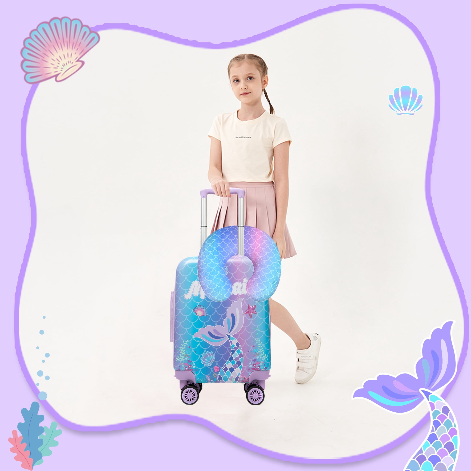 Kids Carry on Luggage Sets for Girls with Wheels Rolling Suitcases for Toddlers with Duffle Bag 16 Inch Mermaid