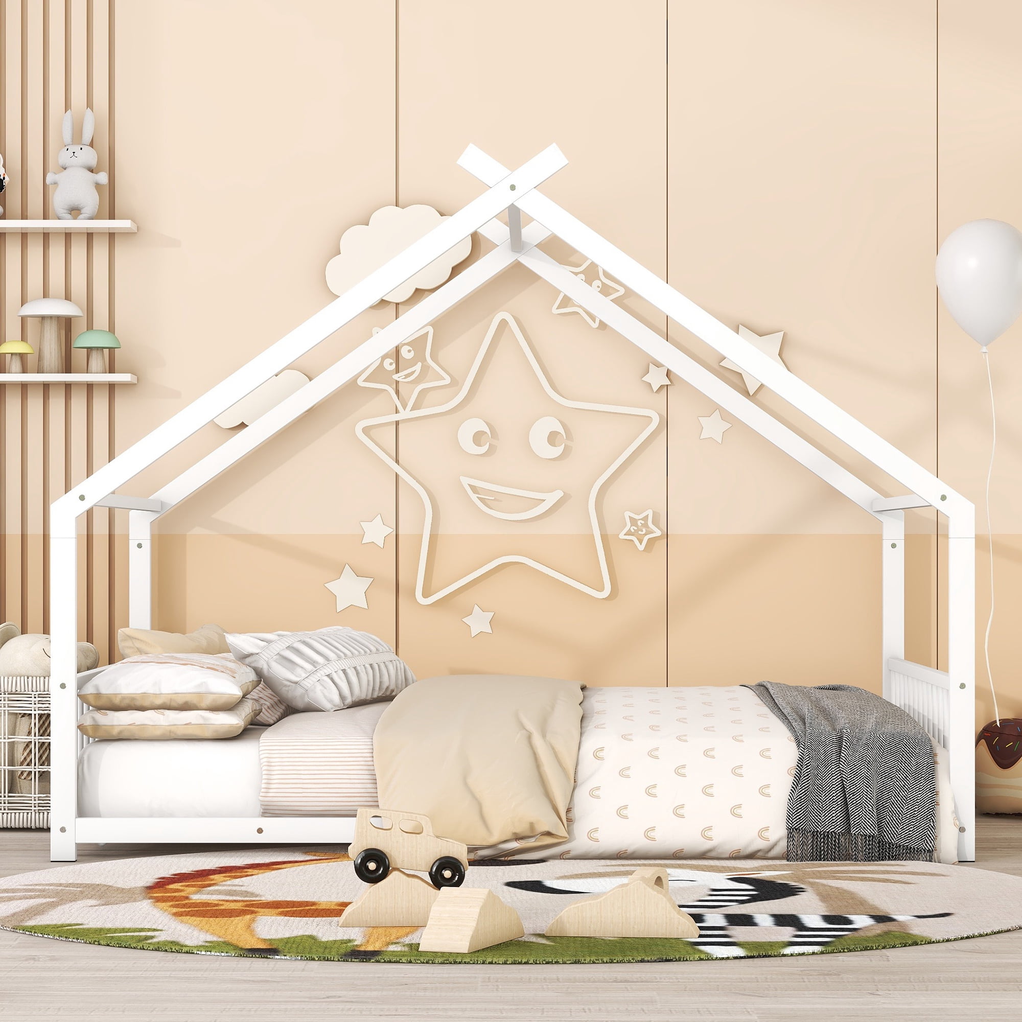 Gewnee Full Size House Bed with Roof and Fence,Metal Montessori Platform Bed for Toddle and Kids,White
