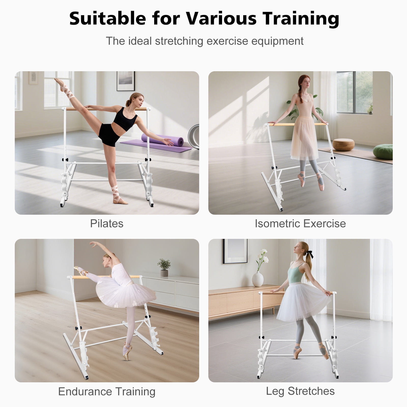 Solid Wood Ballet Barre 3.5FT with Adjustable Height 31.5-39.5 Inches, Portable Dance Practice Barre with Wheels for Home, Studio, Adjustable, White