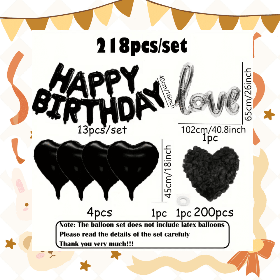 218pcs Black 16.0 Inch Birthday Balloons with Black Heart-Shaped Aluminum and Silvery Love Balloons, Including Black Petals - Perfect for Birthday Parties and Romantic Celebrations