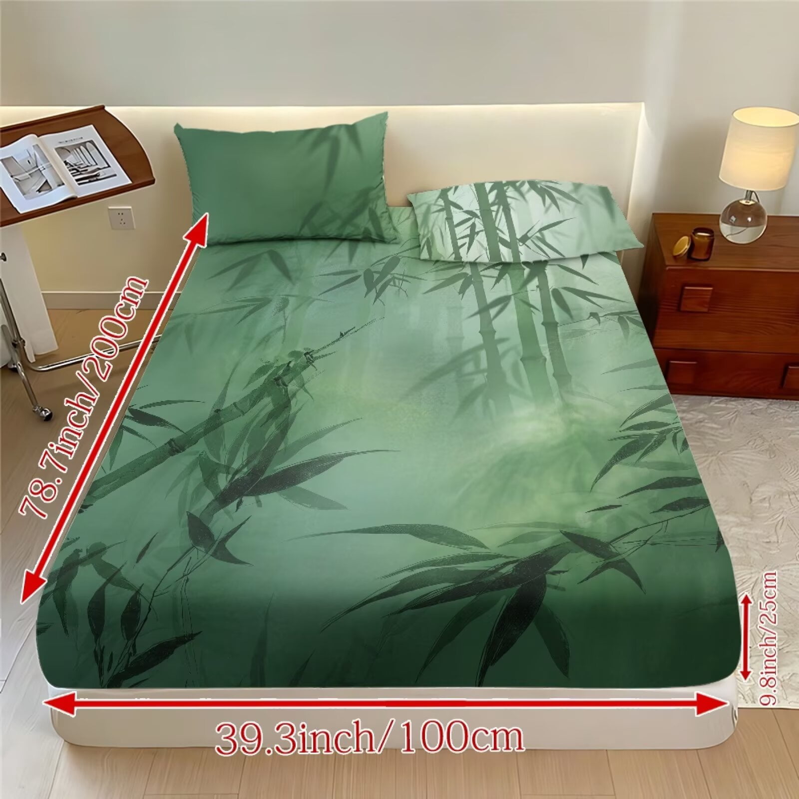 ZIATUBLES Oriental Bamboo Print Queen Size Sheet Set 3 Pcs, 1 Fitted Sheet and 2 Pillowcases, Oriental Style Bed Sheets with Elasticized 9.8" Pocket Soft Comfy Cooling Bedding Set