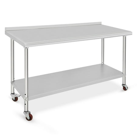 

Stainless steel double layer workbench 60*24*35inch with casters and back plate