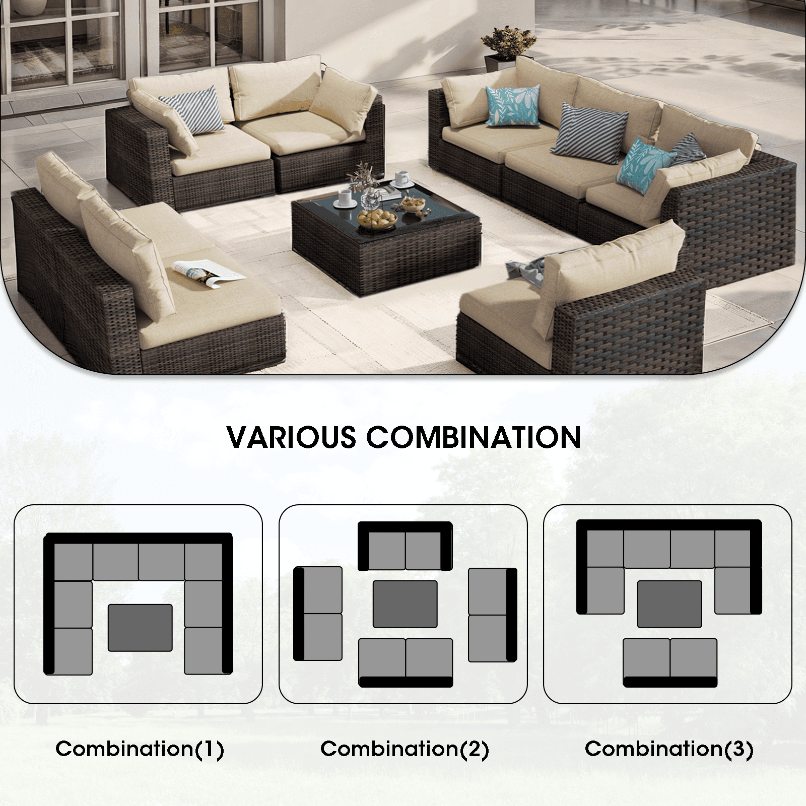 Grezone 9 Pieces Outdoor Patio Furniture, PE Wicker Rattan Sectional Sofa Patio Conversation Sets
