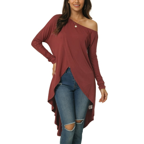 INSPIRAR CHIC Blusa Casual de Una Sola Manga Larga Asimétrica con Dobladillo Irregular Color Vino