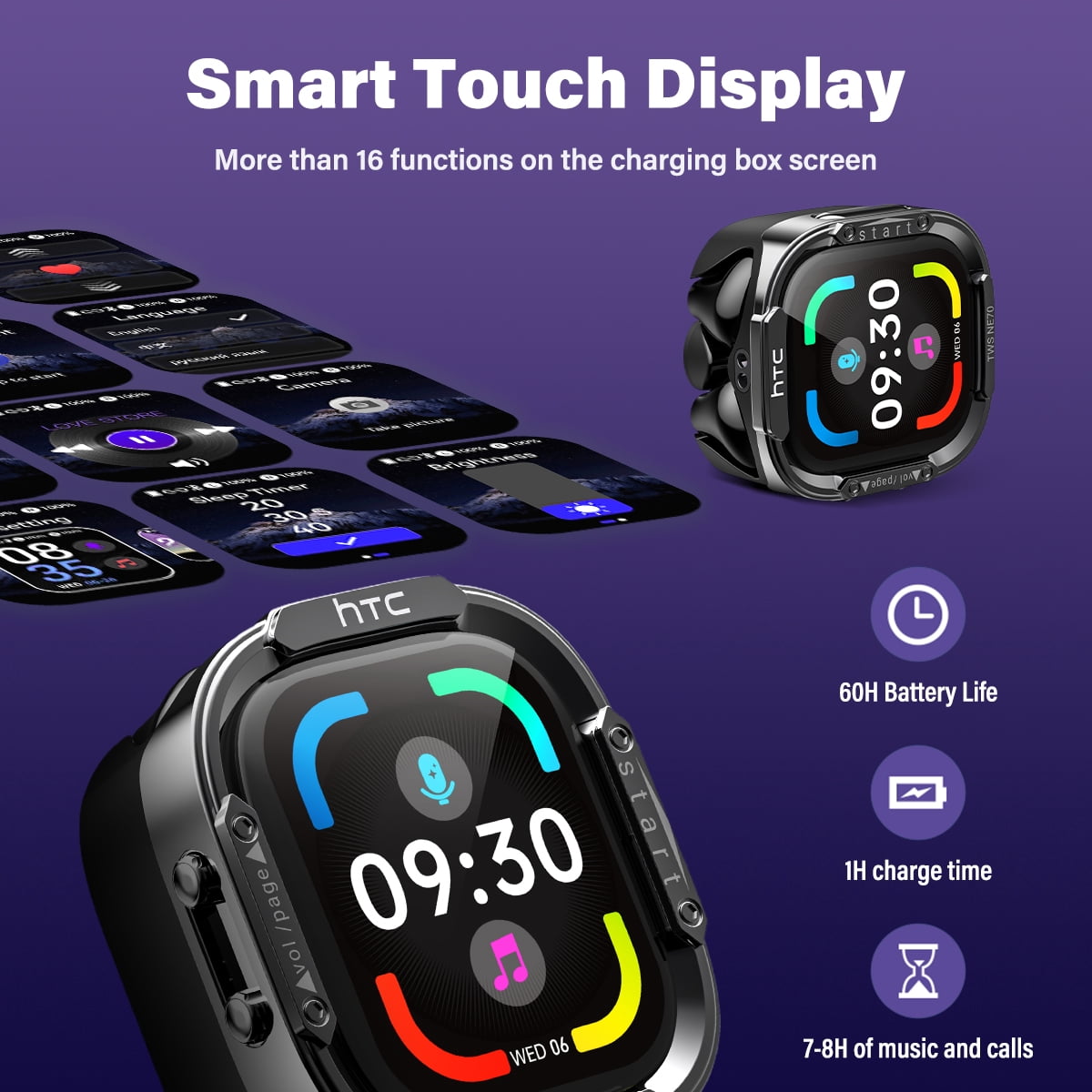 HTC Ai Touch Screen Wireless Earbuds Bluetooth Headphones with Translator 50H Playtime, Noise Cancelling Headphones with Mic IPX5 Waterproof in Ear Earphones for Pad Android/iOS