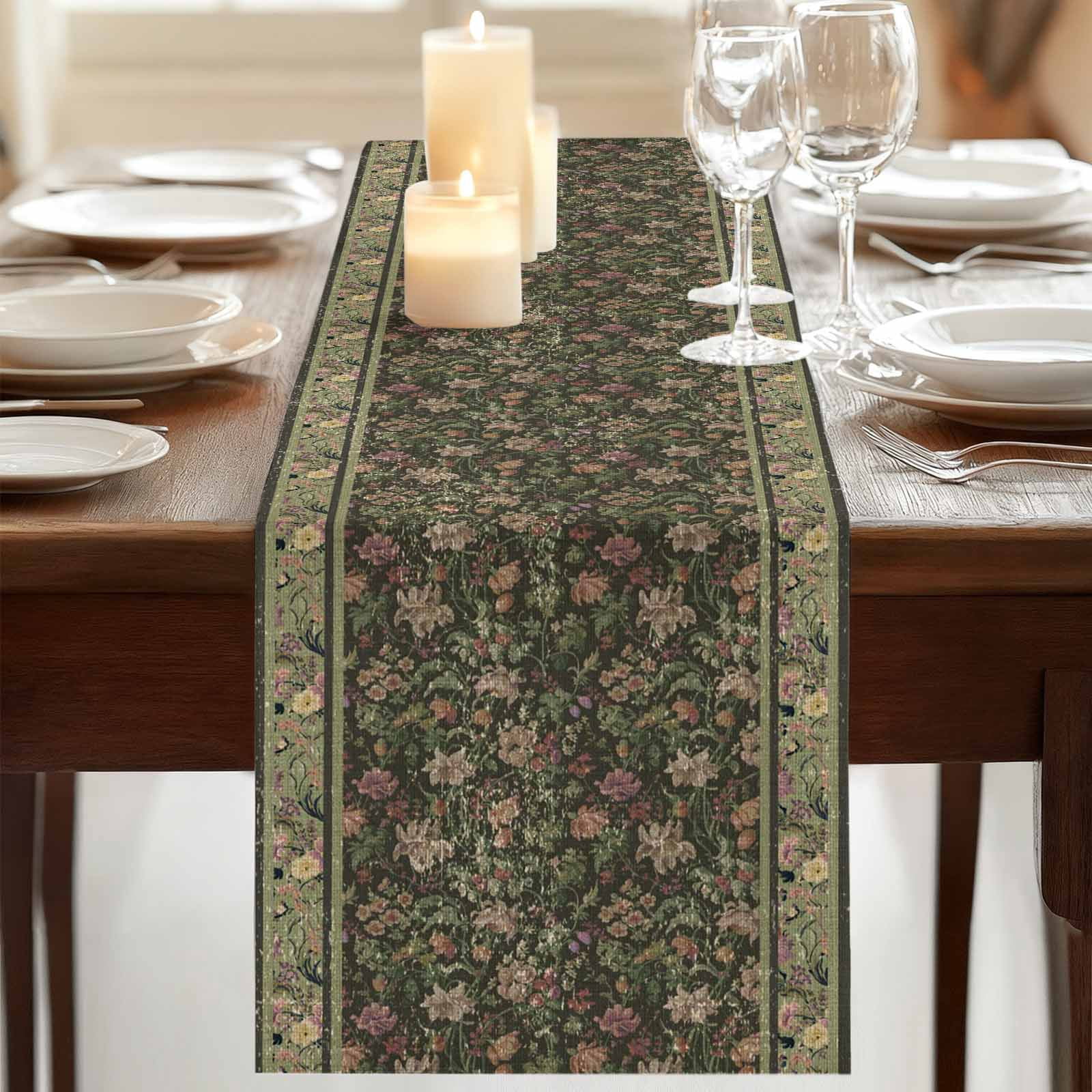 Table Runners 108 Inches Long Dress Scarves, Sage Green Floral Farmhouse Coffee/Dining/Kitchen Table Runner for Living Room, Ethnic Tribe Abstract Art Flowers 13x108 Inch