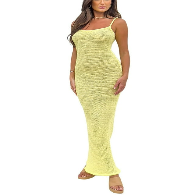 Femmes Bretelles Spaghetti Maxi Robe Bodycon Dos Nu Longue Robe Cami Robes Sans Manches