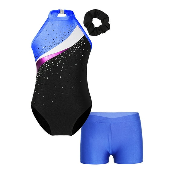 Alvivi Kids Girls Rhinestones Gymnastics Leotard Ballet Dance Biketard with Shorts Hair Band Set Royal Blue 10