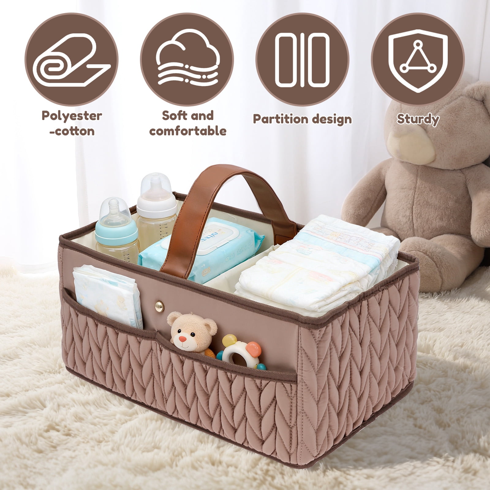 Austok Baby Diaper Caddy Organizer with Compartment Nappy Caddy with Wide Handle and Pocket for Diaper Wipe Spare Clothes Baby Essential for Changing Table Nursery Car