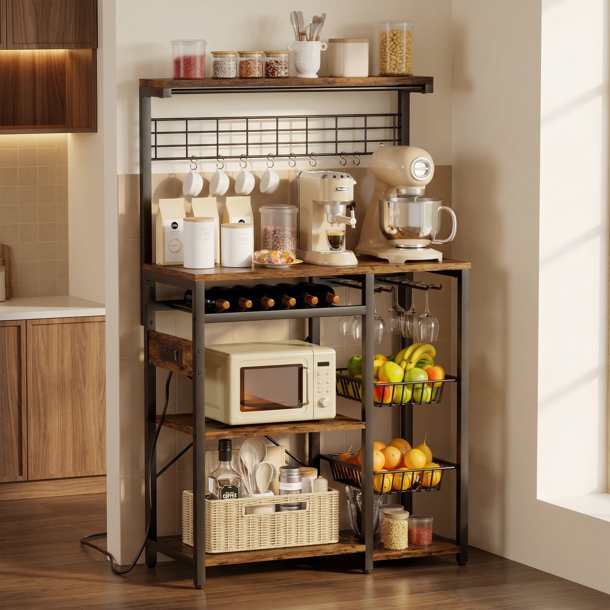 Keenstone Kitchen Bakers Rack with 3 Power Outlets, Microwave Oven Stand with 10 S-shaped Hooks ,Coffee Bar Table 5 Tiers , 2 Wire Basket, Wine Rack ,Rustic Brown