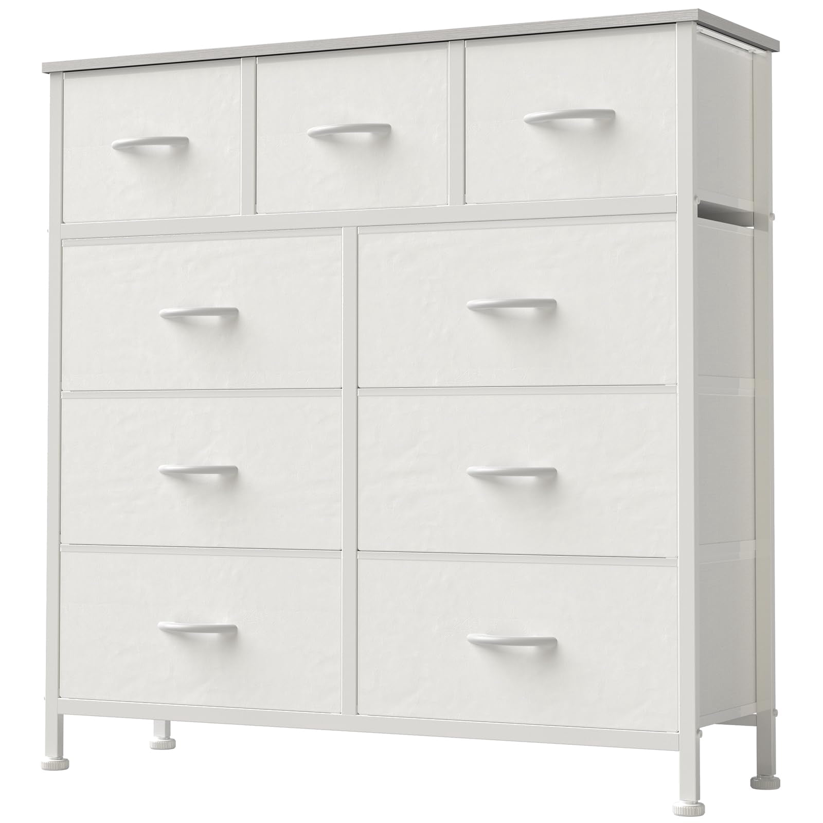 Telyra 9-Drawer Fabric Dresser Tall Storage Tower with Wood Top and Steel Frame Bedroom Closet Organizer, White