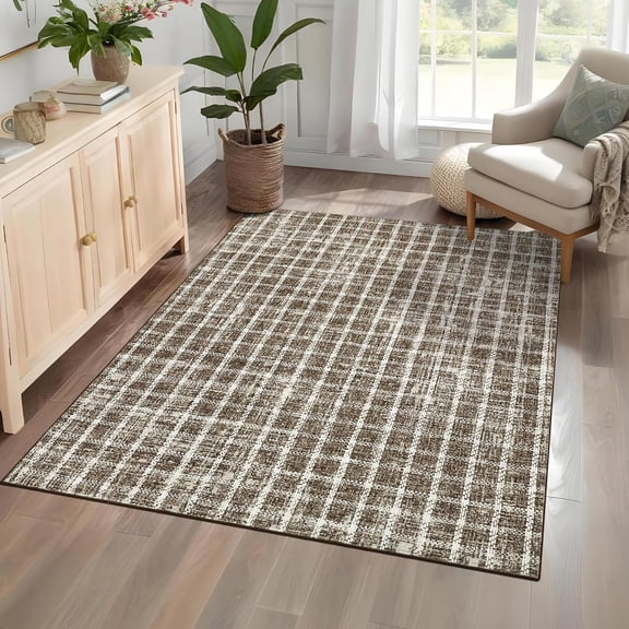 6x9 Checkered Area Rug, Washable Faux Wool Low Pile Non Slip Indoor Rug, Soft Stain Resistant Carpet for Living Room, Bedroom, Dining Room, Entryway, Office,coffee