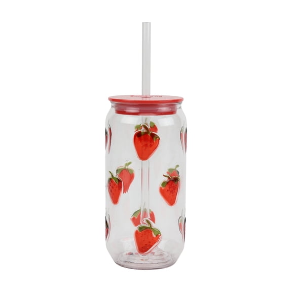 Just Feed Me by Jessie James Decker 18oz Embossed Can Sipper Tumbler with Straw, Strawberry Design
