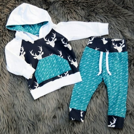 Newborn Kids Toddler Baby Boy Girl Deer Hooded Tops Hoodie +Pants Outfits Set Clothes 0-5T