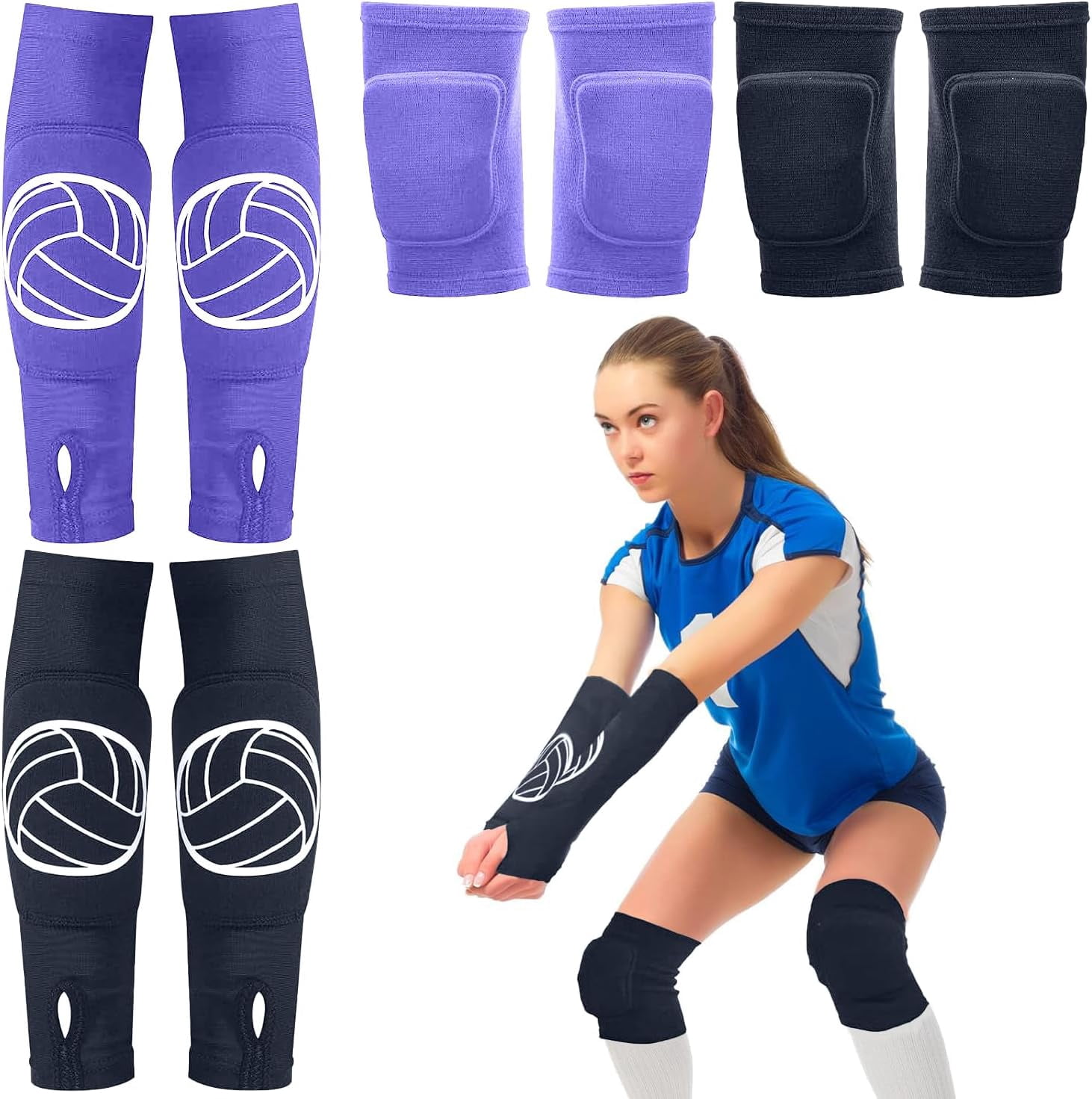 BURIBURI 2 Set Volleyball Knee Pads and Volleyball Arm Sleeves with Protection Pad Compression Forearm Wrist Guard with Thumb Hole Soft Breathable for Hitting Passing